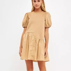 English Factory Beige Asymmetrical Puff Sleeve Mini Dress Small